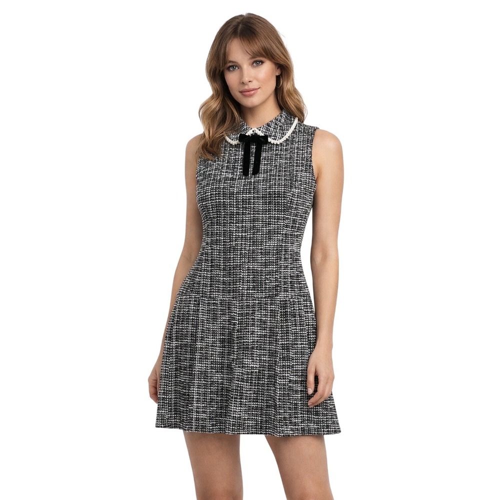 City Triangles Tweed Pleated Drop Waist Dress Black White Pearls Bow Preppy Sz M
